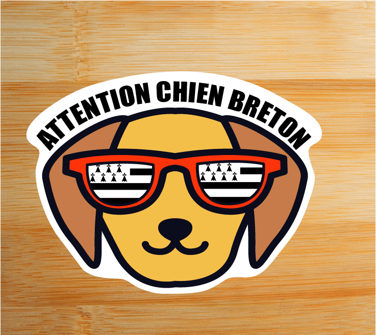 Autocollant Attention Chien Breton - lunettes et drapeau breton - 10x7,6 cm - Autocollant BZH