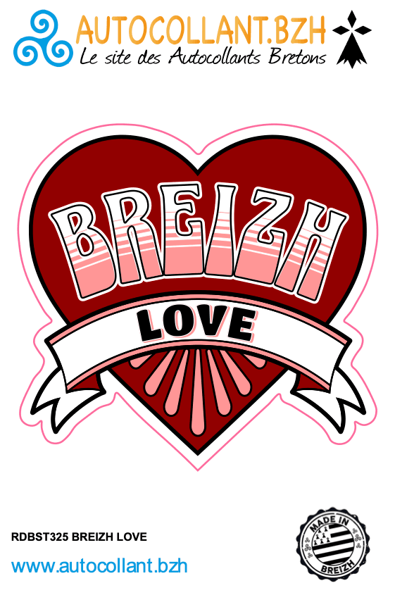 Autocollant Breizh Love Coeur - 9x8,6cm - Fabriqué en Bretagne - Autocollant BZH