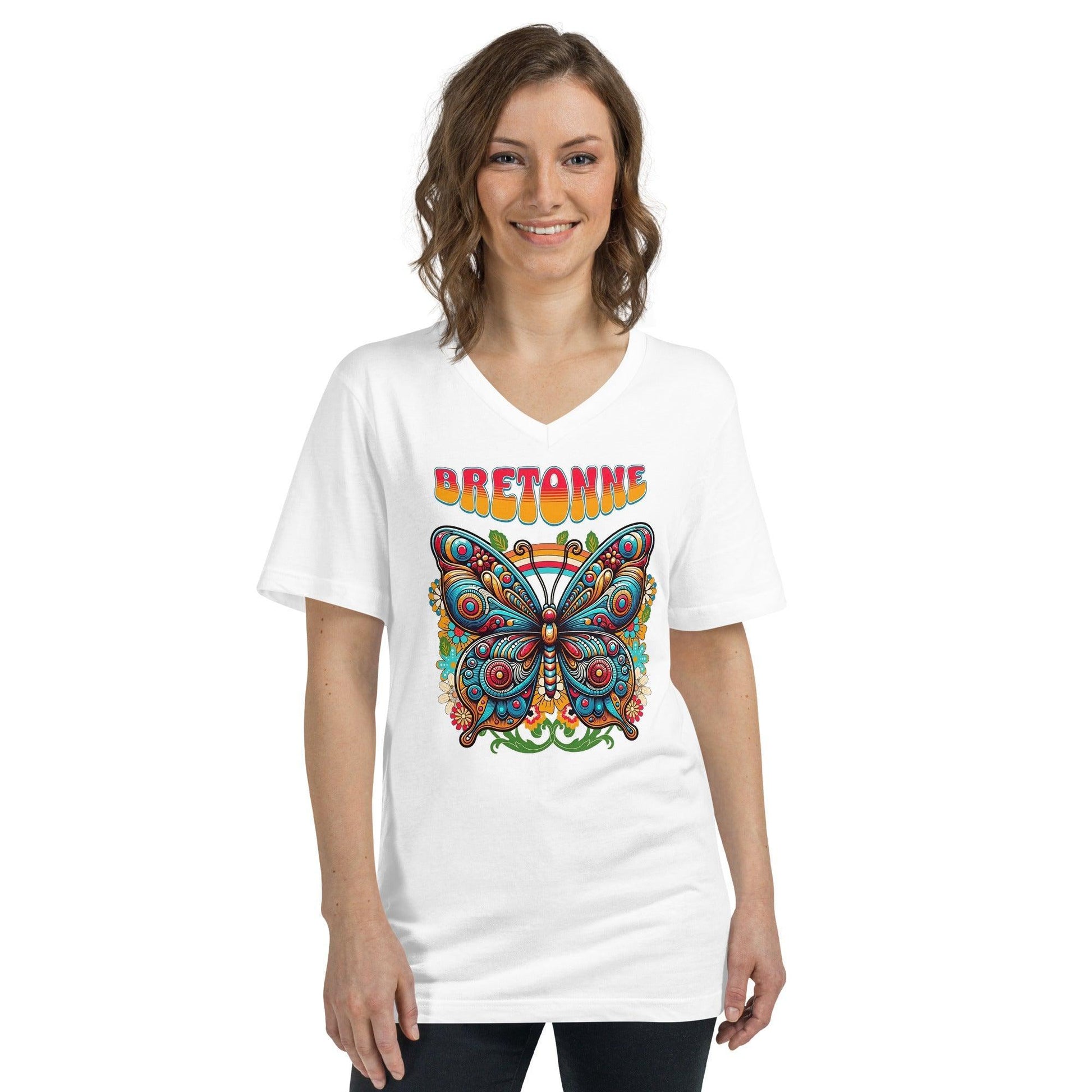 Tee-shirt Femme à Manches Courtes et Col V - Bretonne et Papillon New Age Hippie - Autocollant BZH