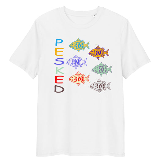 T-shirt blanc breton Pesked avec poissons BZH colorés en coton bio