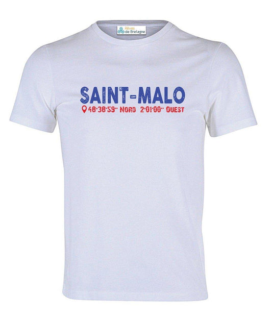 Tee-shirt Blanc ST Malo Longtitude & Latitude - Autocollant BZH