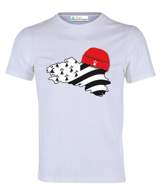 Tee-shirt Breton Carte Bretagne Drapeau Breton et Bonnet Rouge - Autocollant BZH